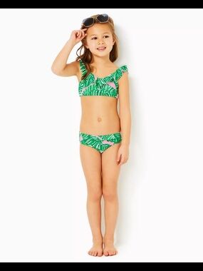 Lilly Pulitzer Green Leaf Ruffle Bikini with Pink Accents